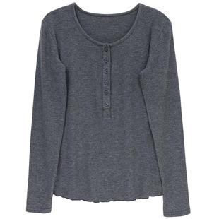 正肩长袖t恤女黑色打底衫女2026年春秋冬季内搭修身半开v领女上衣