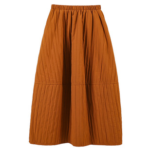 韩范双插兜拼接夹棉皱皱花苞裙女2025秋冬新款A字伞裙中长半身裙