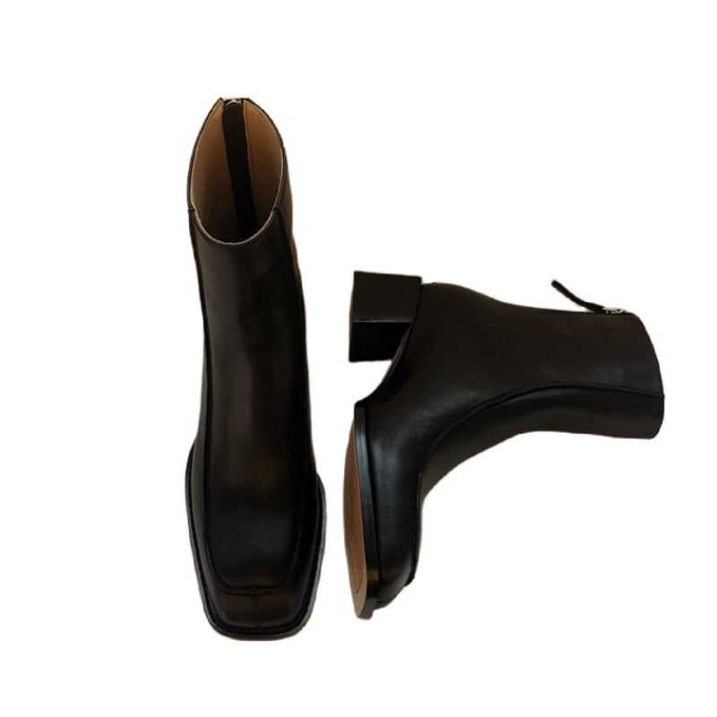 【暗夜】2025秋冬新款方头粗跟真皮短靴牛皮网红瘦瘦靴后拉链中跟