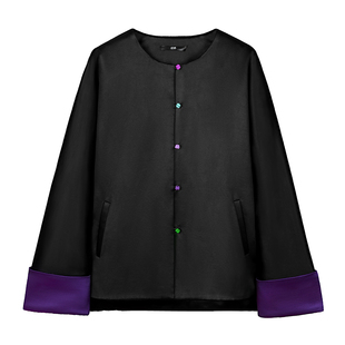 中国丝绸隆鹊[黑皮子紫袖口]香云纱棉外套新中式时尚桑蚕丝秋冬款