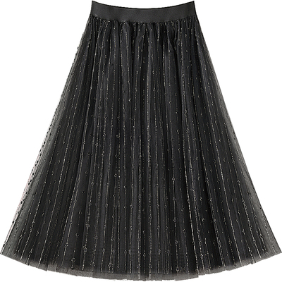 亮丝网纱中长款黑色半身裙