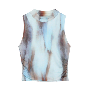 MULVAN 巴黎古着 撞色印花色半高领背心女夏外穿修身辣妹无袖上衣