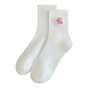 白色袜子女中长筒纯棉袜春秋款字母刺绣ins潮网红高筒袜运动长袜