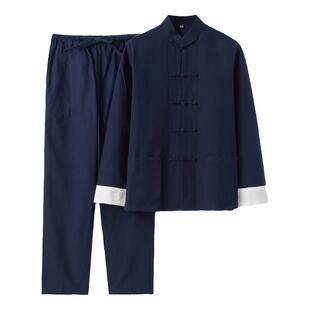 唐装男青年中国风春秋款套装秋季纯棉两件套古风中式服装休闲社会