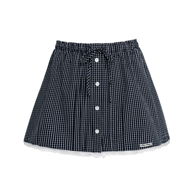 Liilou  preppy style 蕾丝拼接 100%棉蕾丝拼接格纹A字半裙