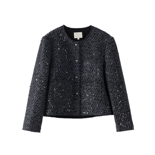 AS精致轻奢小香风女26春季新款圆领短款含羊毛钉珠毛边氛围感外套