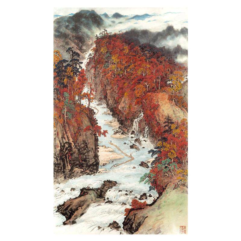 关山月《秋溪放筏图》山水装饰画