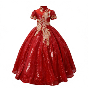 欣入荷新中式红色刺绣晚礼服女童立领蓬蓬裙高级感演出服主持礼服