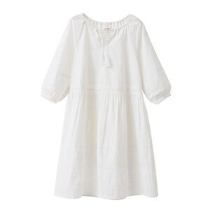 popchrio◆法式复古刺绣蕾丝泡泡半中袖圆v领连衣裙中长款裙子女