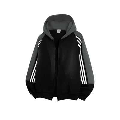 WAINOT潮牌设计感400g重磅三条杠加绒连帽卫衣黑色拉链开衫外套男