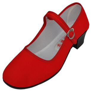 老北京工作鞋女布鞋浅口黑红色中跟鞋舞蹈礼仪跳舞休闲演出工作鞋