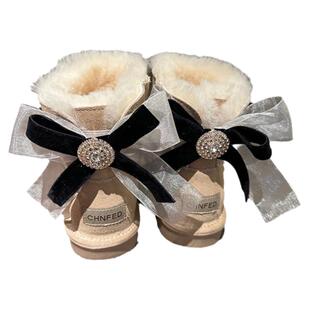 加绒东北雪地靴女蝴蝶结2025新款冬季羊皮毛一体短筒靴子棉鞋水钻