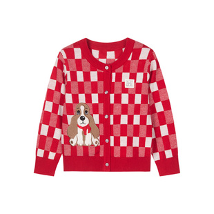 暇步士童装女童针织开衫春秋新款小童可爱毛衣儿童新年红格纹外套