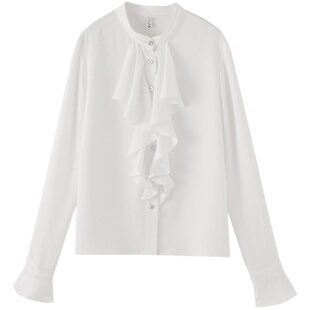 高级感白色衬衫女立领复古木耳边荷叶边宫廷风法式设计感衬衣缎面