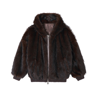 CLP黑红仿皮草连帽拉链卫衣毛衣外套男女宽松廓形亮面潮复古高级