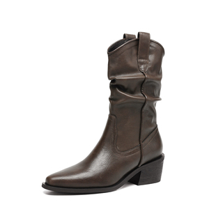 达芙妮棕色短靴女2026新款冬季堆堆西部牛仔尖头骑士靴子加绒皮鞋