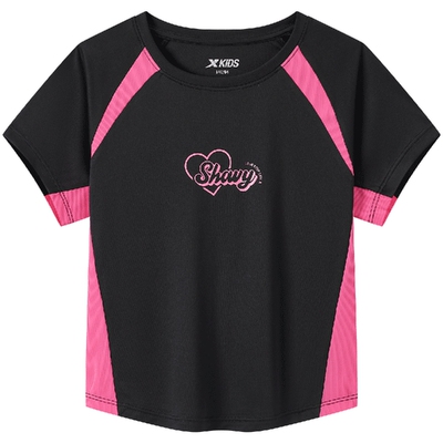 特步童装儿童拼接短袖T恤夏季舞蹈女童运动上衣服大童时尚速干短t