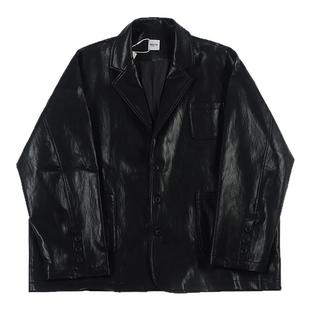 NOEARS美式复古街头痞帅宽松黑色pu皮衣秋季高级感西装外套夹克