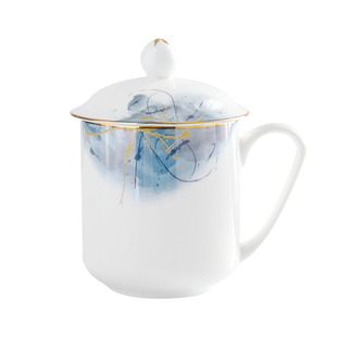 家用骨瓷水杯办公室泡茶杯子会议杯带盖大容量杯子陶瓷盖杯礼盒装