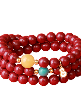 真品朱砂手串女款正品天然蜜蜡绿松纯银手链女三圈小众设计紫金砂