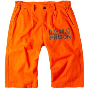 核爆炸潮牌美式囚服系列硬汉桔色纯棉休闲宽松大码男工装七分短裤