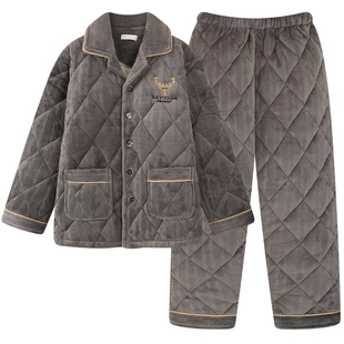 睡衣男士冬季加绒加厚三层夹棉大码特厚家居服男款珊瑚绒套装冬天