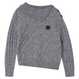 MEDM 纯色绞花斜肩纽扣时尚休闲套头毛衣冬潮流百搭宽松针织衫女