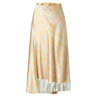 商场同款 摩萨克春法式黄绿晕染色围裹式A字中长裙女