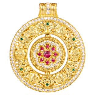 少量补货 宝石矿工【大·锦绣团花】足金钻石红宝石沙弗莱吊坠