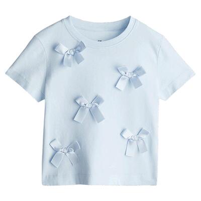 HM童装儿童女童T恤春季洋气蝴蝶结设计圆领短袖上衣1276546