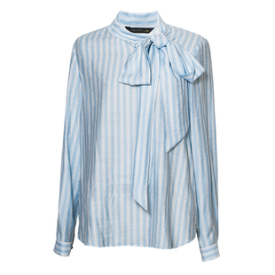 罗衣知性通勤OL风条纹衬衫夏季时尚气质系带领衬衣职业上衣11748