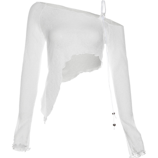 KLIOU 个性辣妹炸街ins一字肩长袖T恤女小众不规则修身显瘦上衣潮