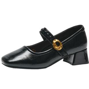 EBLAN/伊伴方头金扣带粗高跟玛丽珍鞋女2026春季新款晚宴通勤单鞋