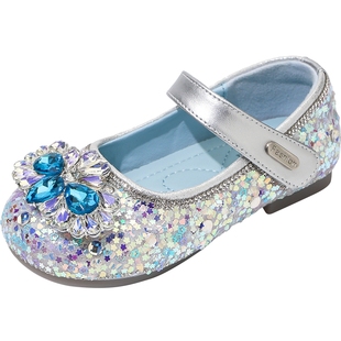女童鞋子儿童闪亮水晶鞋2026新款春季小皮鞋女孩蓝色艾莎公主单鞋