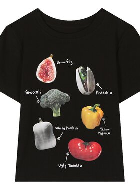 今屿花花黑色短款正肩印花短袖t