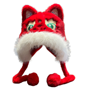 新年国潮绿眼瑞兽灵狐毛绒帽子女冬季加厚加绒保暖防寒护耳雷锋帽