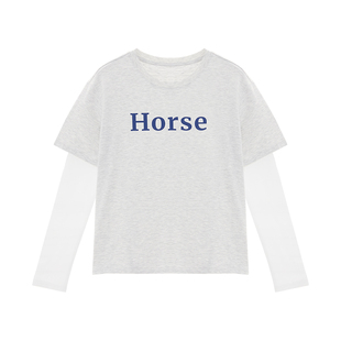 IAmMIX27假两件长袖T恤女简约网布拼接撞色字母印花圆领套头上衣