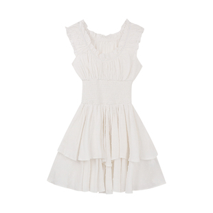 alex stevens白色短款宽肩吊带背心连衣裙女夏季修身显瘦百褶裙子