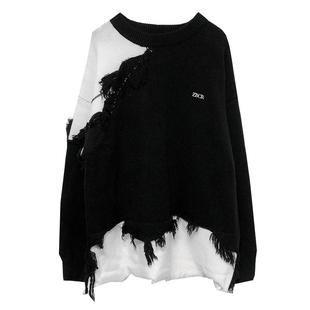 复得先生磨破拼色毛衣男假两件设计感韩版长袖潮流宽松休闲针织衫