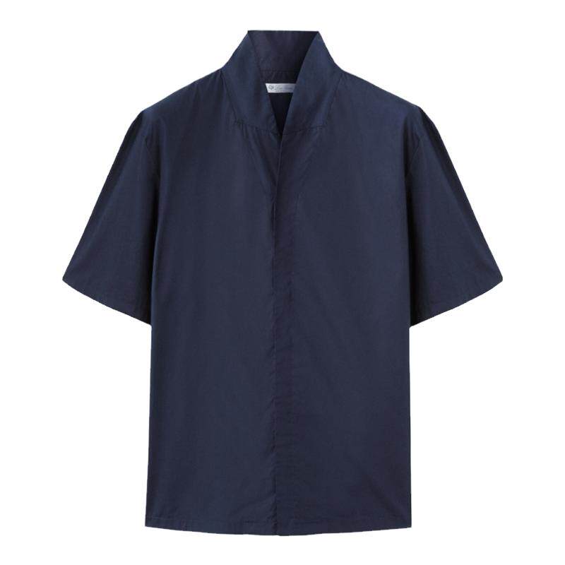 Loro Piana/诺悠翩雅男装海军蓝色棉质府绸短袖宽松衬衫