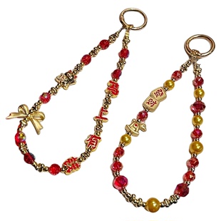 小马招财猫手机链马上有钱新年挂饰精致串珠手腕款链条红色水晶马年发财挂链本命年手链高档过年喜庆挂件绳壳