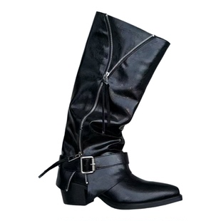 LABERTHREE秋冬新品美拉德裤管骑士靴复古时尚都市欧美粗跟长筒靴