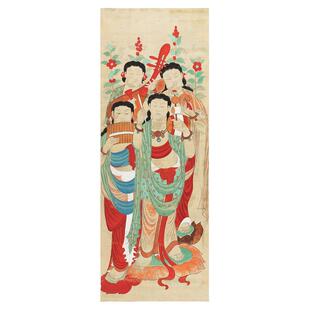 张大千临摹敦煌壁画初唐伎乐菩萨四身像复古书画真迹微喷仿古装饰