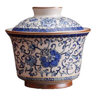 米黄汝窑缠枝莲马蹄二才盖碗家用高档陶瓷功夫茶具防烫泡茶碗带盖