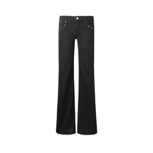 ourhour 口袋铆钉 黑色中腰直筒微喇毛边牛仔裤 女春设计感休闲裤