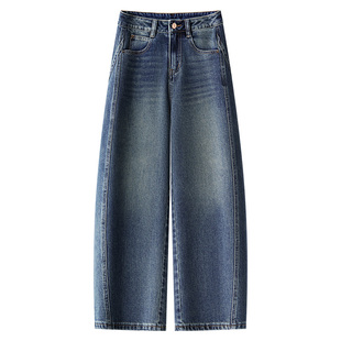 蓝色水洗加绒弯刀牛仔裤女2025新款冬季高腰时髦百搭垂顺阔腿裤