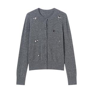 衣香丽影灰色钉珠针织开衫女2025年冬装新款微宽松miu系羊毛上衣