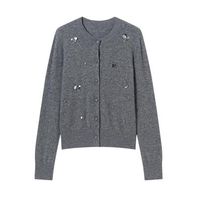 衣香丽影灰色钉珠针织开衫女