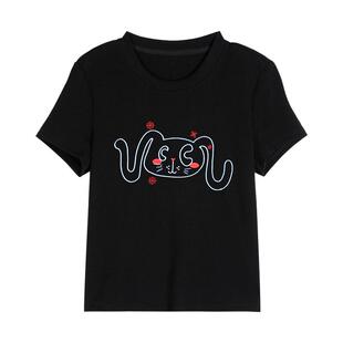 a02精致刺绣长耳朵猫头绣花修身显瘦短袖夏季女式T恤