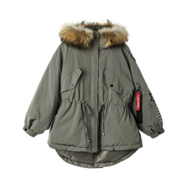 2021冬新款拉菲圣迪奥女装连帽毛领抽绳加厚刺绣羽绒服S18482409